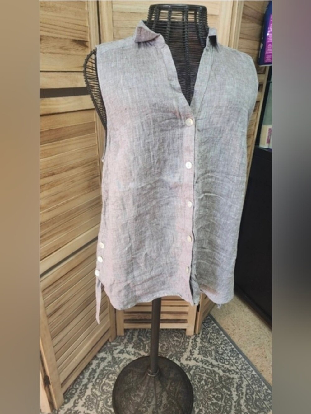 J Jill Love Linen Taupe Sleeveless Button Front Linen Top XL Side Button Tunic